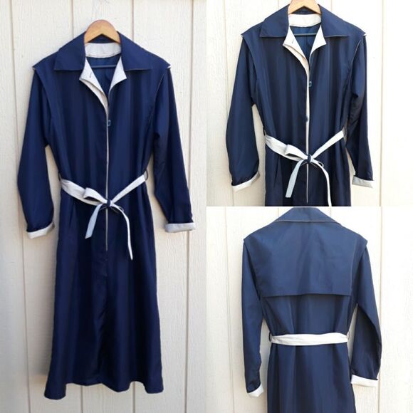 Vtg Trench Rain Coat Long Belted Sailor Back Color Blocked Black Cream Sz 6T - Picture 1 of 13